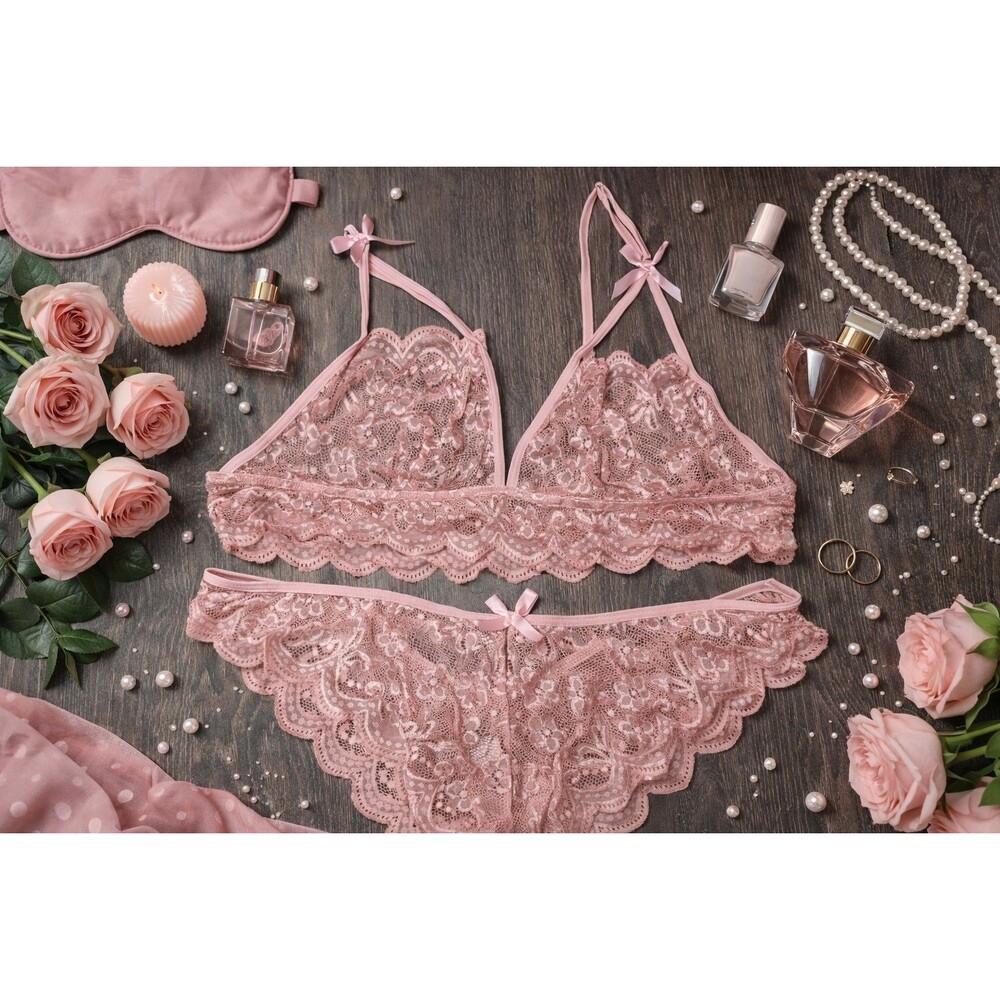 Women’s Pink Lace Teddy Two Piece Lingerie Halter Sheer (000)